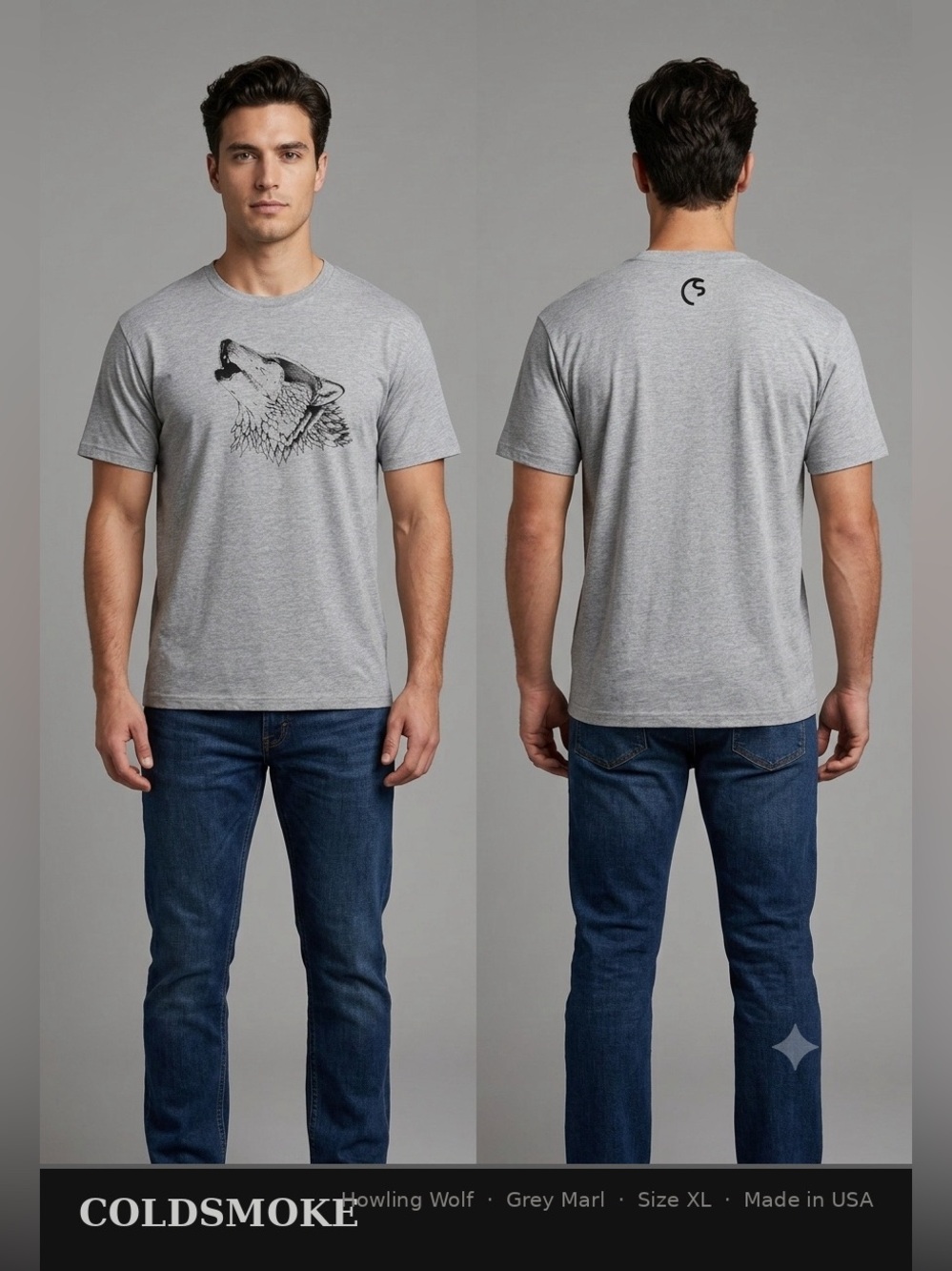 Coldsmoke Howling Wolf Graphic T-Shirt Grey Marl Size XL Made in USA Cotton